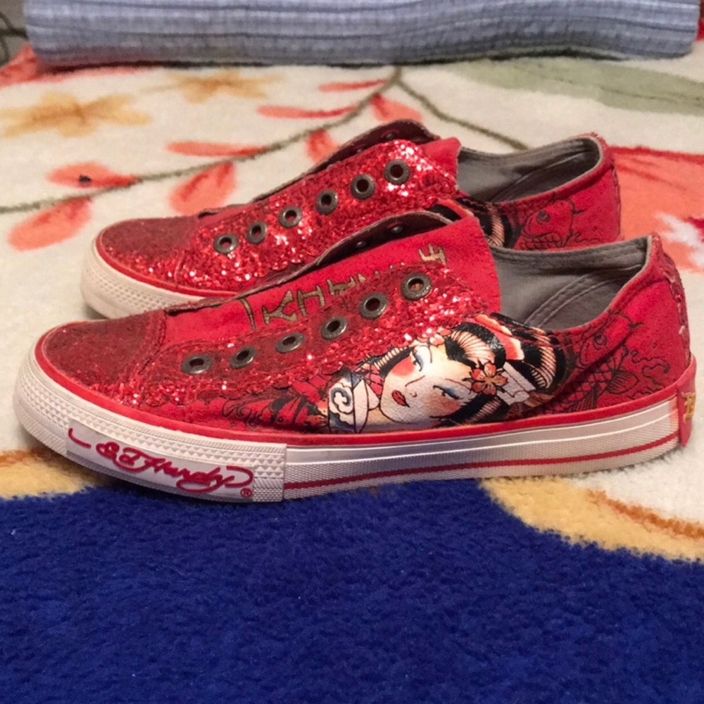 RARE Sparkling red Ed Hardy sneakers size 6